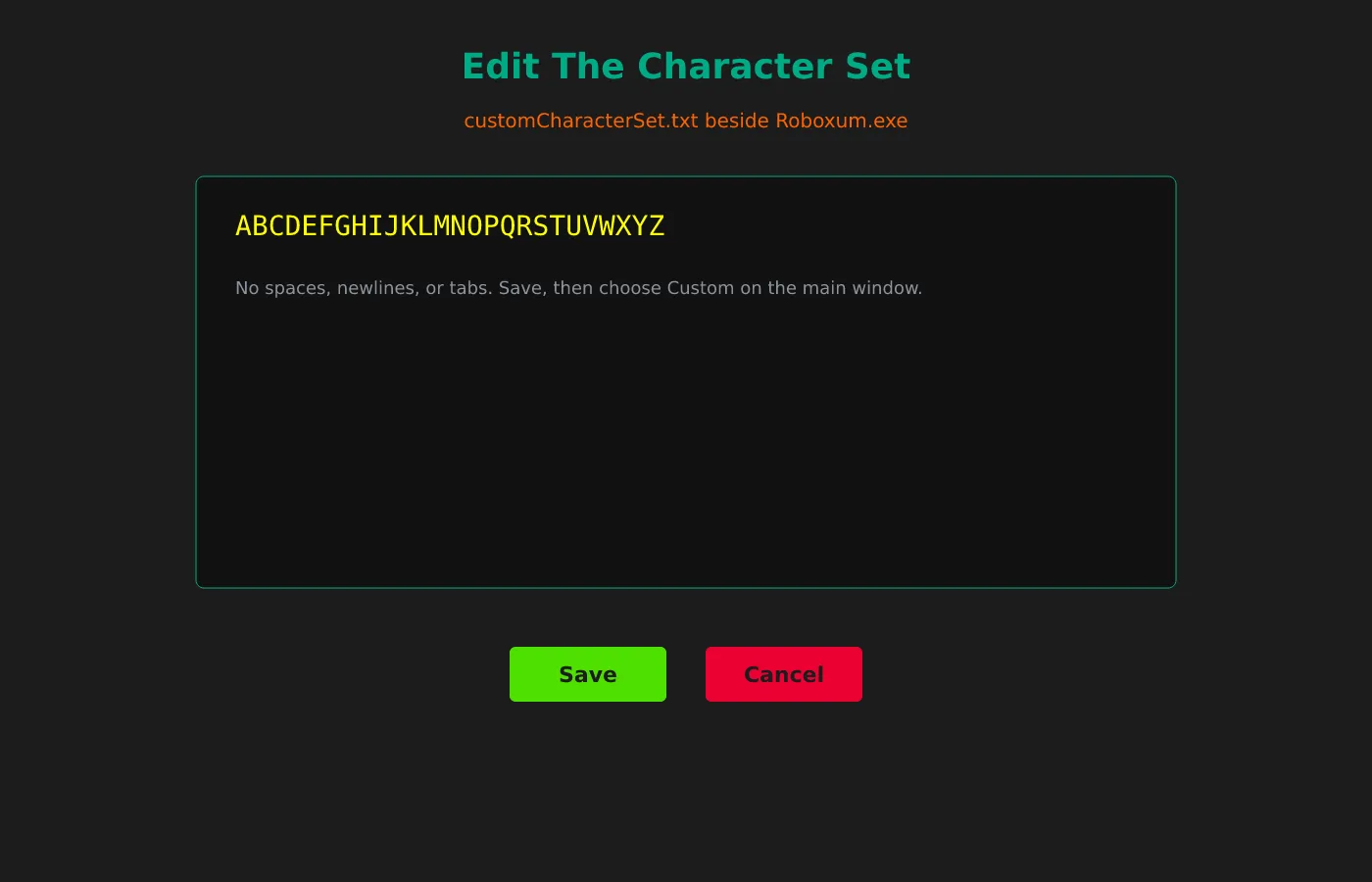 Word search character set editor for customCharacterSet.txt beside the program.