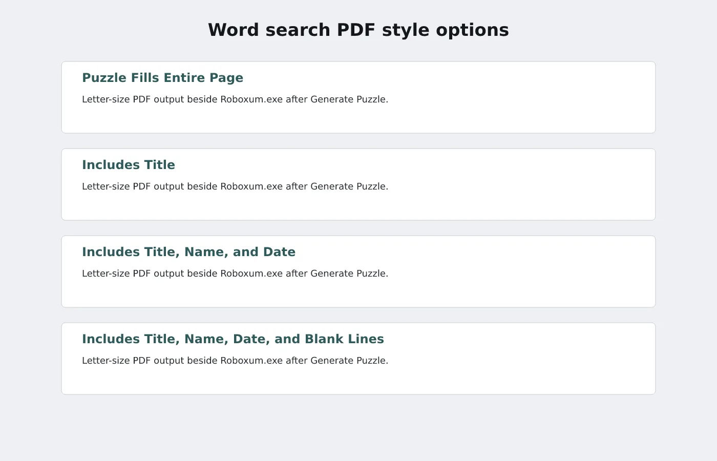 Word search PDF style options including title, name, date, and blank answer lines.